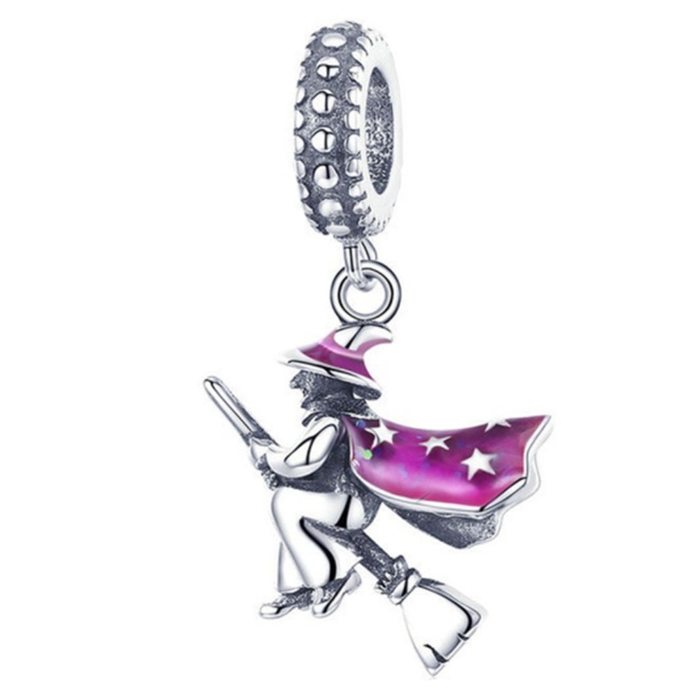 100% 925 Silver Enamel Flying Magic Witch Dangle Charm